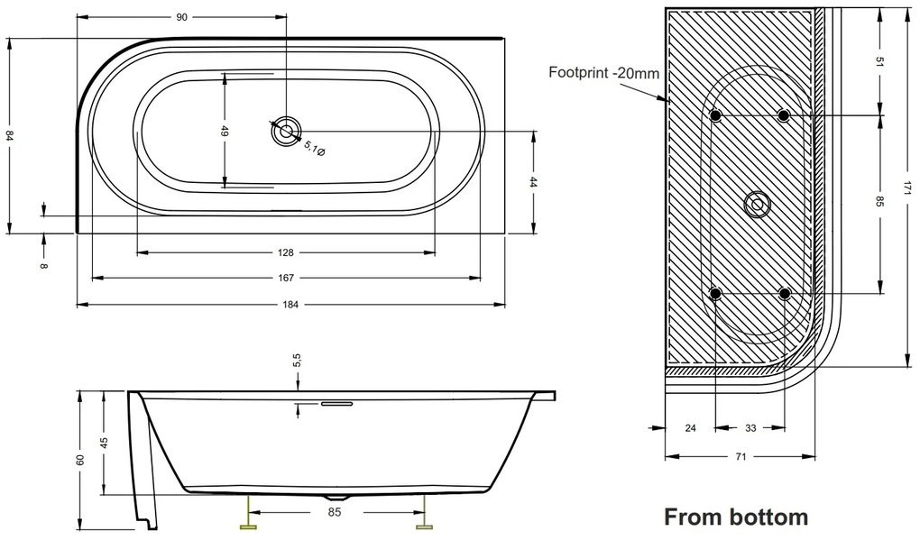 Riho Desire half vrijstaand bad rechts 184x84cm wit mat met LED strip en Fall overloop