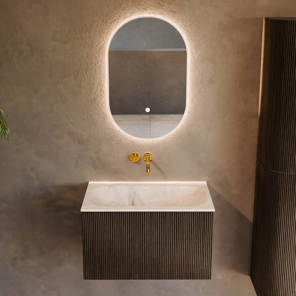 Mondiaz Kurve-dlux 70cm badmeubel shadow met 1 lade en wastafel big small midden zonder kraangat frappe