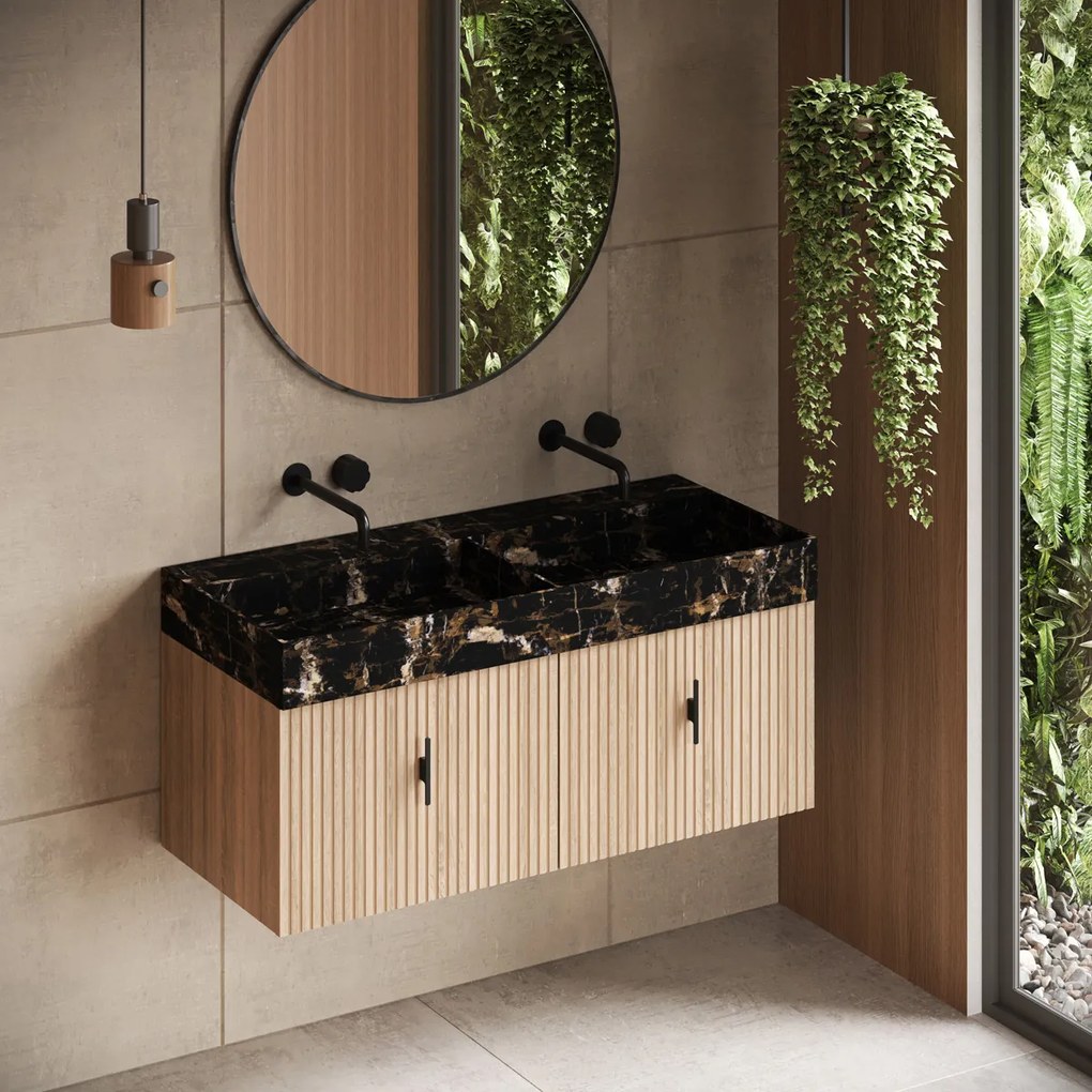 Muebles Zahora badmeubel ribbelfront 120cm naturel eiken met Portoro Gold wastafel zonder kraangaten