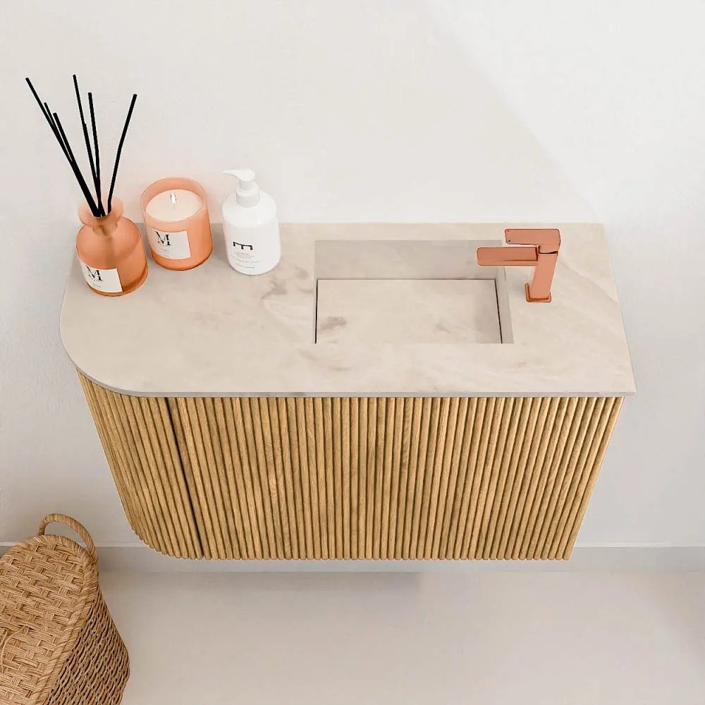 Mondiaz Joya DLux 60cm toiletmeubel ronding links oak met wastafel faye rechts 1 kraangat frappe