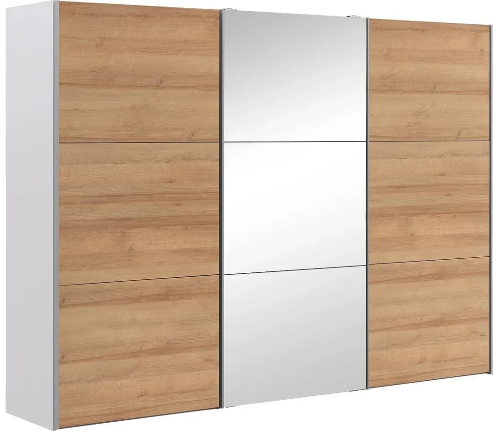 Goossens Kledingkast Easy Storage Sdk, 303 cm breed, 220 cm hoog, 2x 3 paneel schuifdeuren en 1x 3 paneel spiegel schuifdeur midden