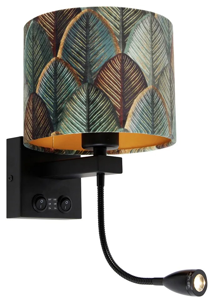 Wandlamp zwart met velours lampenkap blad dessin met gouden binnenkant - Brescia Combi