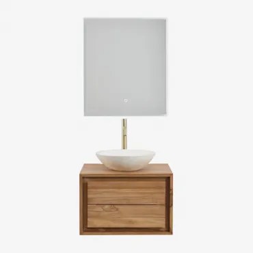 Jabari Teakhouten Badkamermeubelset Teakhout & Rond Cement Wit Ø40 Cm Zavion & Rechthoekige Led En Anticondens 60x70 Cm Riben & Goud - Sklum