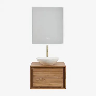 Jabari Zwevend Badkamermeubelset Van Teakhout Teakhout & Rond Cement Wit Ø40 Cm Zavion & Rechthoekige Led En Anticondens 60x70 Cm Riben & - Sklum