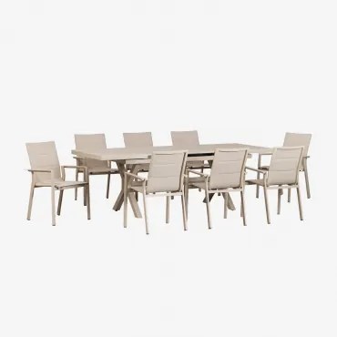 Karena Rechthoekige Uitschuifbare Tafelset 180-240x90 Cm En 8 Stapelbare Tuinstoelen Met Aluminium Armleuningen Tapioca Beige - Sklum