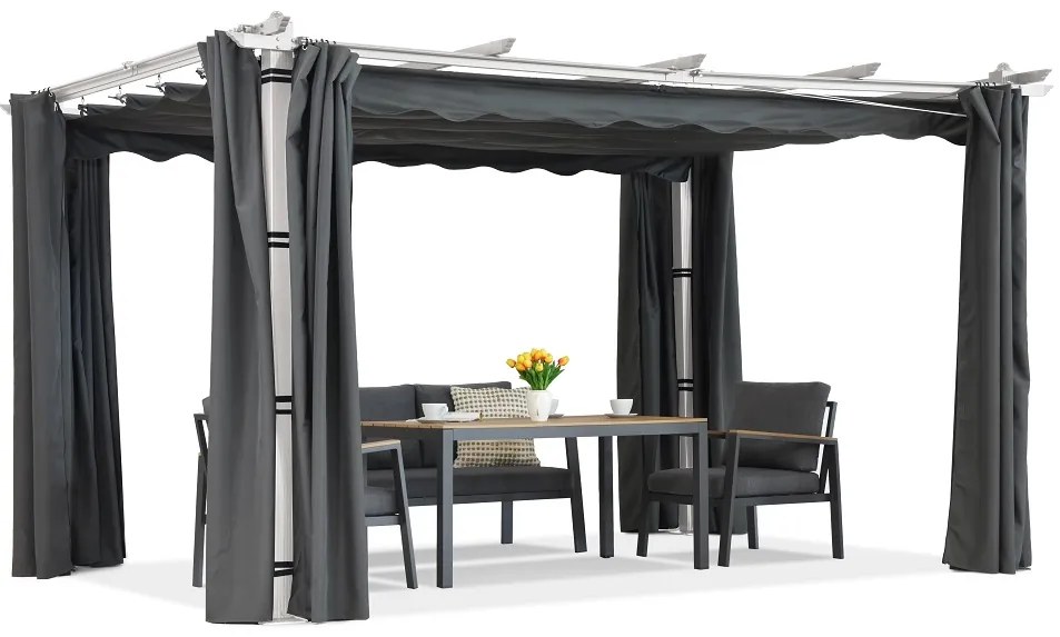 Barbados terraspergola 3x4 m met Garden Point gordijnen wit-antraciet