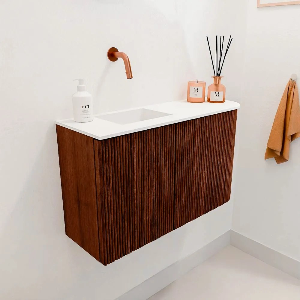 Mondiaz Joya 70cm toiletmeubel ronding rechts ruby met wastafel faye links zonder kraangat talc