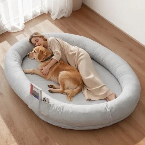 VEVOR Hondenmand voor mens en hond, 178x120x24 cm, Hondenmand van traagschuim op mensenformaat, met zijvak, handvat en ritssluiting, afneembare, machinewasbare hoes, kortpolig, grijs