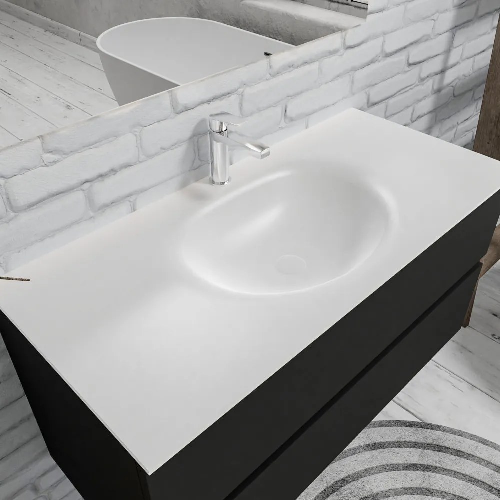 Zaro Sevilla Solid Surface badmeubel 100cm mat zwart 1 kraangat met 2 lades spoelbak midden