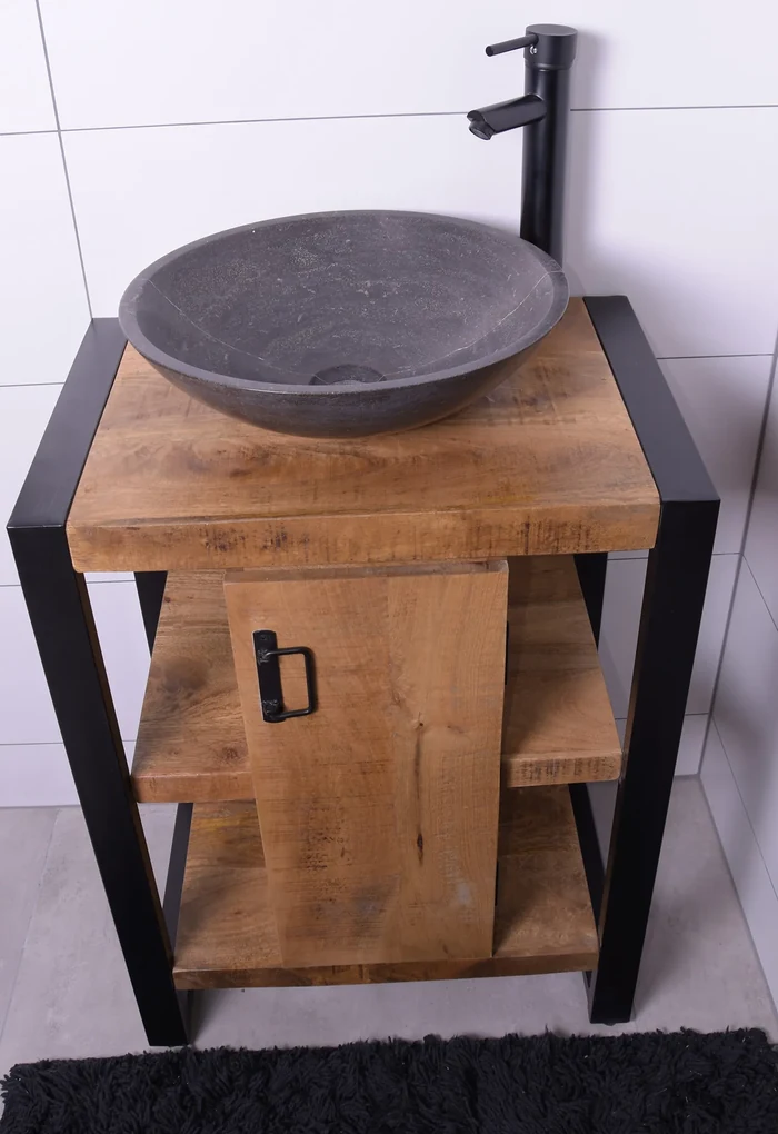 MD Interior Mocu mangohout wastafelmeubel 60cm met natuurstenen kom