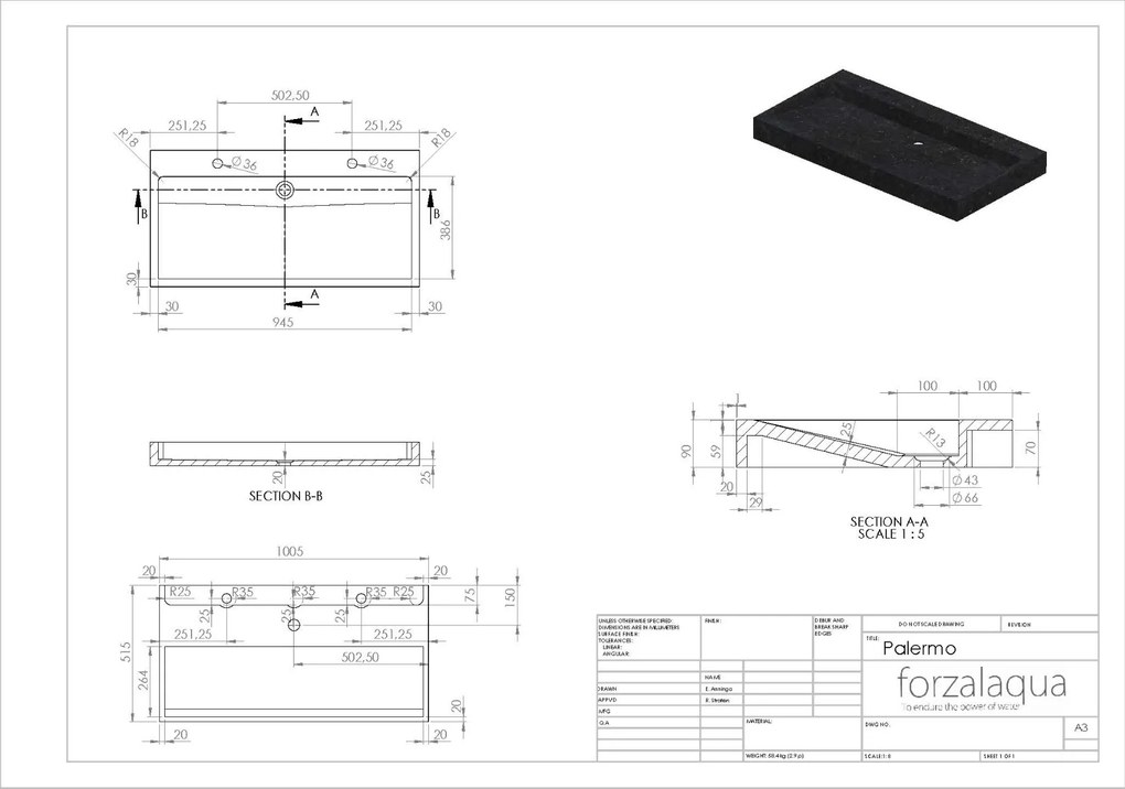 Forzalaqua Palermo wastafel 100x50cm met 2 kraangaten graniet gepolijst