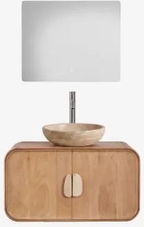 Hangend Badkamermeubelset 95x45 Cm Van Mangohout En Natuurlijke Kivalina-steen Rechthoekige Led En Anticondens 80x70 Cm Riben & Geborsteld Grijs ↑30 C