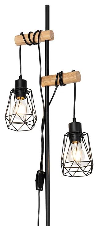 Landelijke vloerlamp zwart met hout 2-lichts met kap - Dami Frame Landelijk Minimalistisch E27 Draadlamp Binnenverlichting Lamp