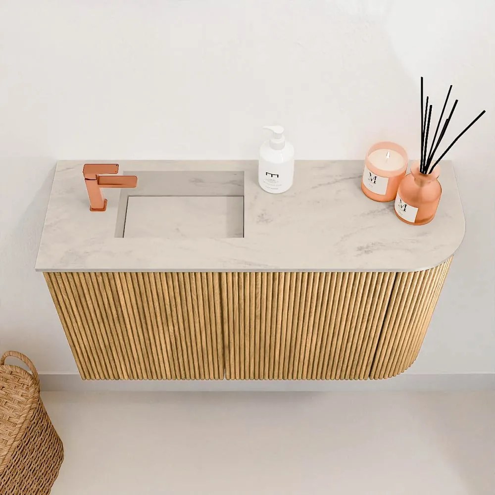Mondiaz Joya DLux 70cm toiletmeubel ronding rechts oak met wastafel faye links 1 kraangat opalo