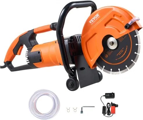 VEVOR Elektrische betonzaag, 230 mm, zware cirkelzaag 2000 W, zaagdiepte 89 mm, nat/droog schijfzaag met waterleiding, waterpomp, zaagblad, voor steen en baksteen