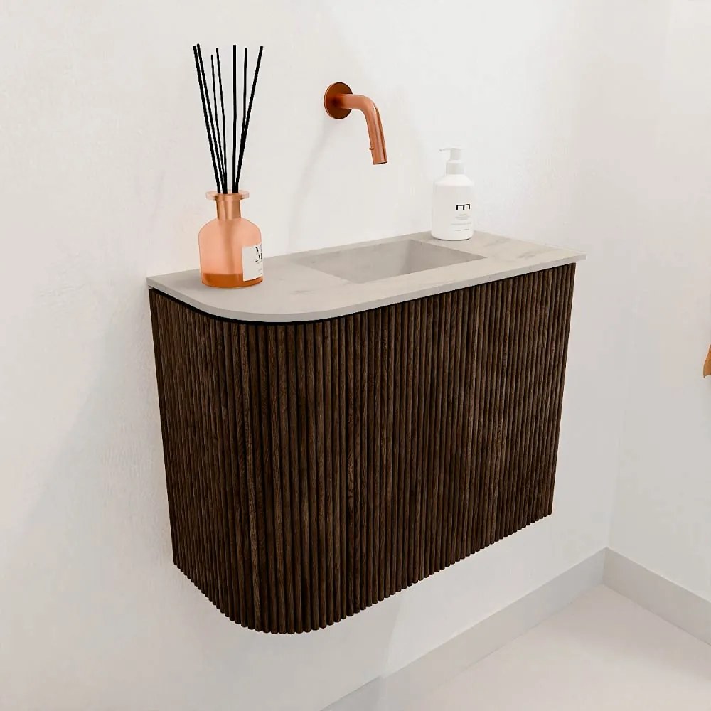 Mondiaz Joya DLux 50cm toiletmeubel ronding links walnut met wastafel faye rechts zonder kraangat opalo