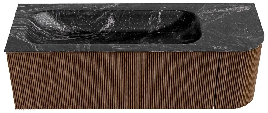 Mondiaz Kurve-dlux 135cm badmeubel ronding rechts walnut met 1 lade en deur en wastafel big medium links zonder kraangat lava