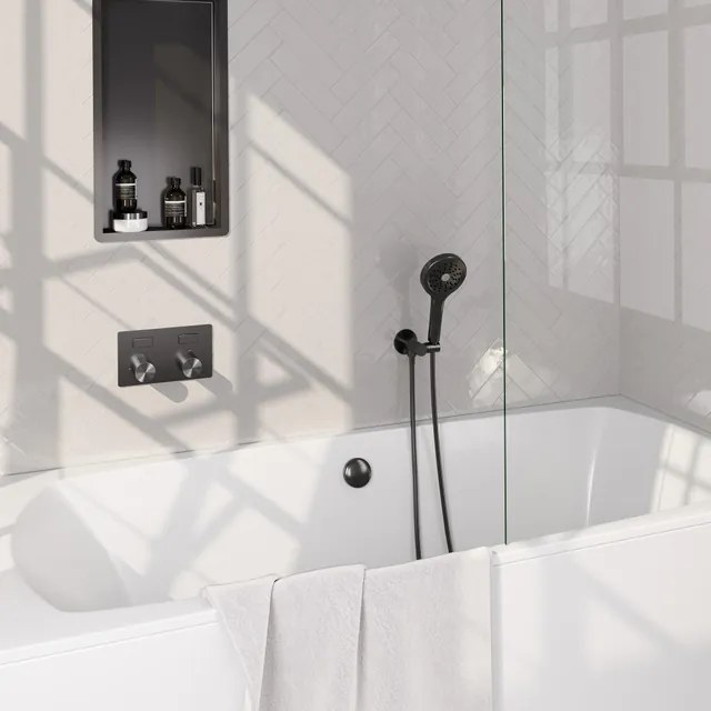 BRAUER Stripe Thermostatische Badkraan - drukknoppen - SET 04 - inbouw - badvulcombinatie - 3-standen handdouche - doucheslang - wandaansluitbocht - gunmetal geborsteld PVD 5-GM-362