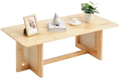 VEVOR Rotan Salontafel Rechthoekige Salontafel Gemaakt van Gevlochten Rotanhout met Rubberhouten Tafelblad, 120 cm Moderne Boho Salontafel met Opbergruimte en Natuurlijke Houten Poten, voor Woonkamer