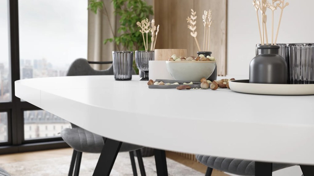 Mazzoni EXPANSO Wit mat / zwarte poten - OVALE UITSCHUIFTAFEL 160-360 cm VOOR 16-18 PERSONEN