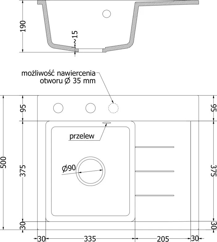 Mexen Ben granit gootsteen 1-kompartiment met afdruiprek, links 600 x 500 mm, wit, sifon chroom - 6522605000-20