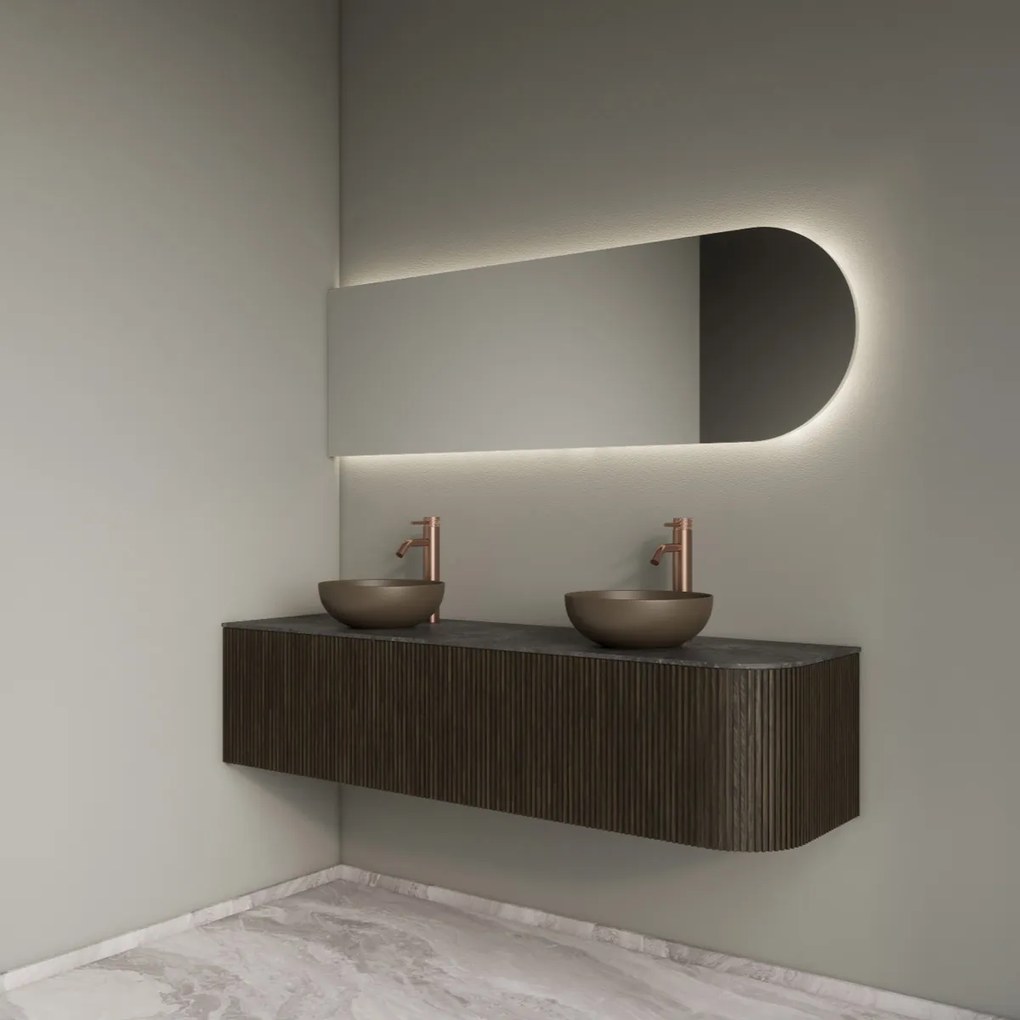 Gliss Design Alluro badmeubel ribbelfront met ronding rechts 160cm charcoal en zwart leisteen toppaneel