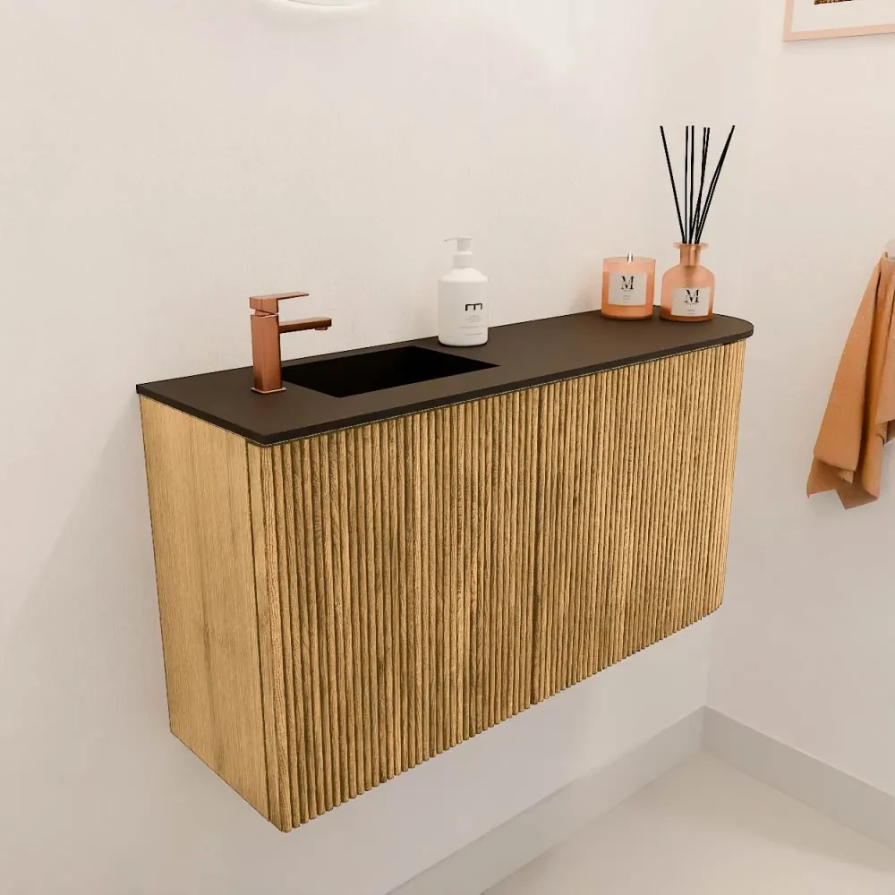 Commode Ronding Inkomhal Mondiaz Joya 80cm toiletmeubel ronding rechts oak met wastafel faye ...