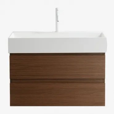 Badkamermeubelset Van Hout En Essenhoutfineer Met Geïntegreerde Wastafel Ona Donker Hout & Spiegelloze & Wit ↑20 Cm Met - Sklum