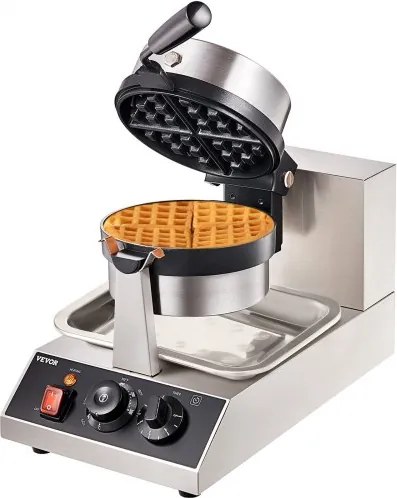 VEVOR Ronde Wafelijzer 1300W, Contactgrill Belgisch Wafelijzer 4-delige Wafelmachine van RVS inclusief voedselclip & borstels & anti-verbrandingshandgreep, voor cafés, restaurants, enz.