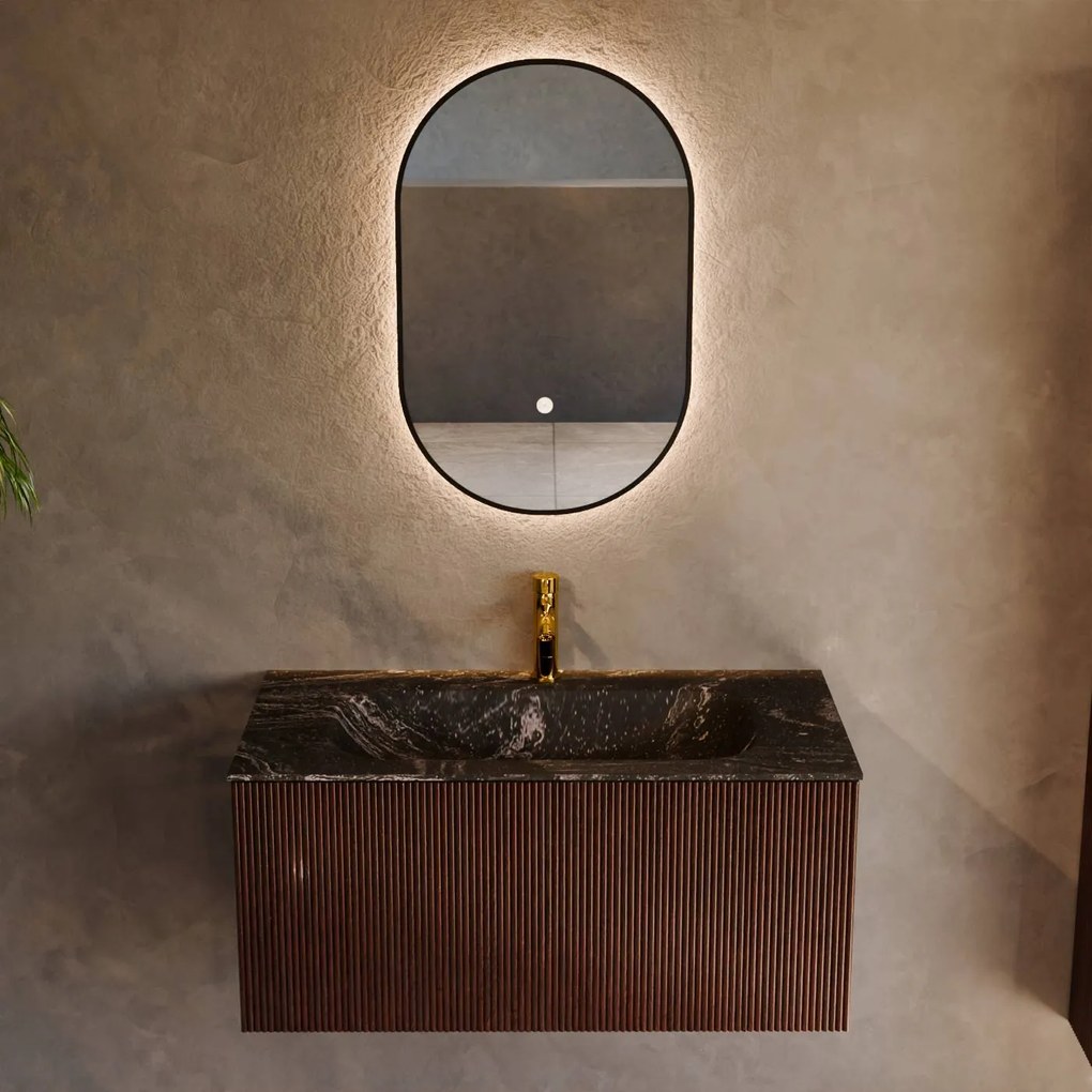 Mondiaz Kurve-dlux 90cm badmeubel ruby met 1 lade en wastafel big small midden 1 kraangat lava