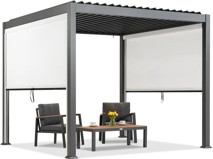 Lagos 3x3 vrijstaande terraspergola met rolluiken aan twee zijden Garden Point antraciet en wit