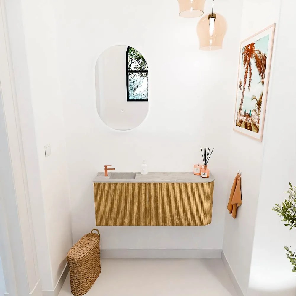 Mondiaz Joya DLux 100cm toiletmeubel ronding rechts oak met wastafel faye links 1 kraangat glace