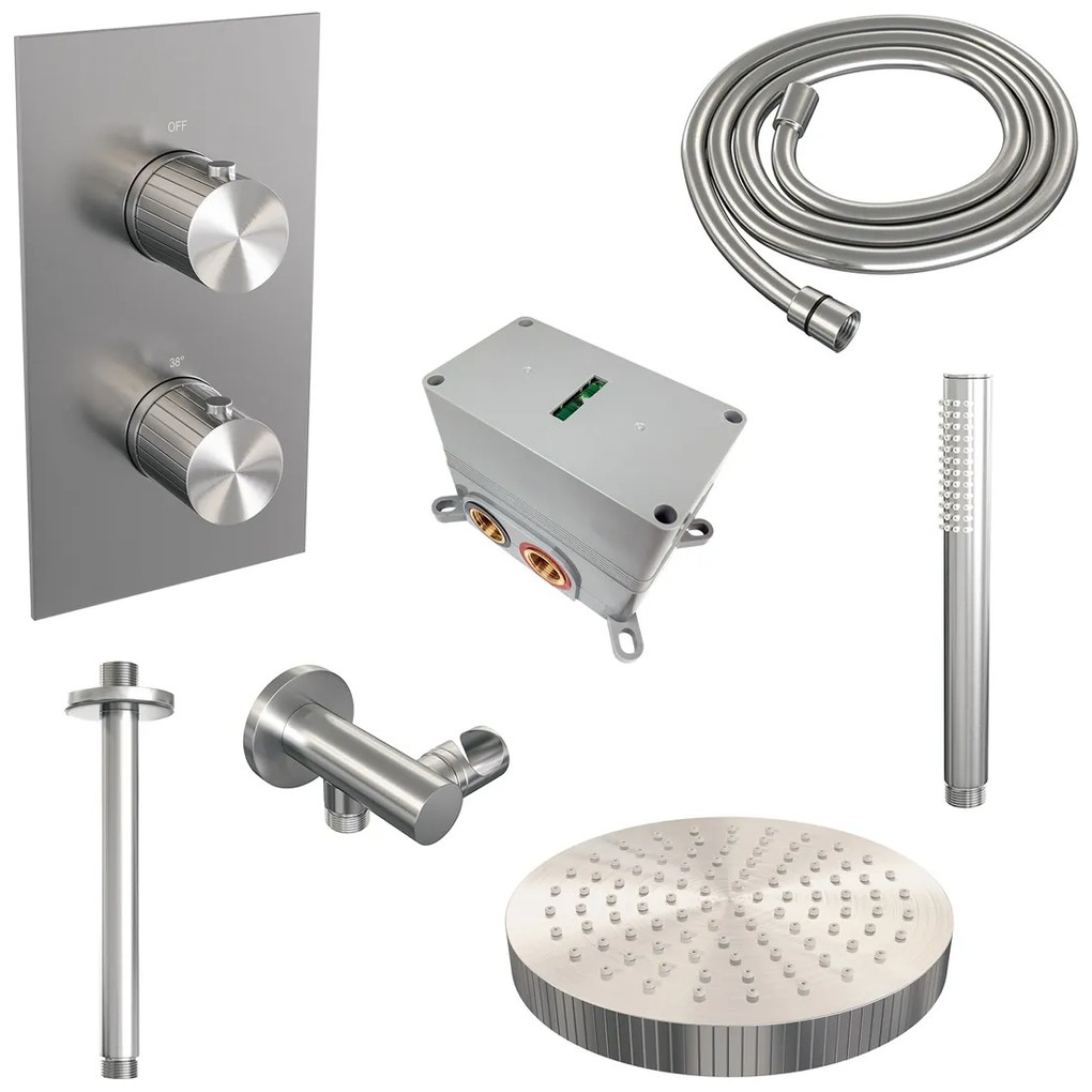 Brauer Stripe inbouw regendouche met 25cm hoofddouche, plafondarm en staafhanddouche set 15 RVS geborsteld PVD