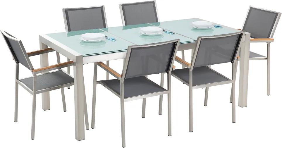 Tuinset matglas/RVS driedelig tafelblad 180 x 90 cm met 6 stoelen grijs GROSSETO