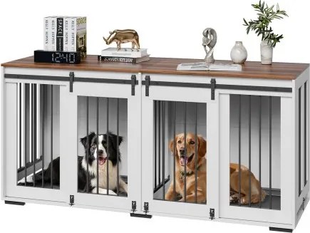 VEVOR Hondenbenchmeubel voor 2 honden, 1800x600x861mm, Dubbele hondenbenchmeubel met dubbele schuifdeuren, Hondenbench-tv-standaard, Stalen frame, Dubbele hondenbench voor kleine, middelgrote en grote honden, Wit