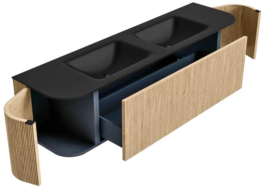 Mondiaz Kurve 170cm badmeubel ronding links/rechts oak met 1 lade en 2 deuren en wastafel cloud dubbel 2 kraangaten urban