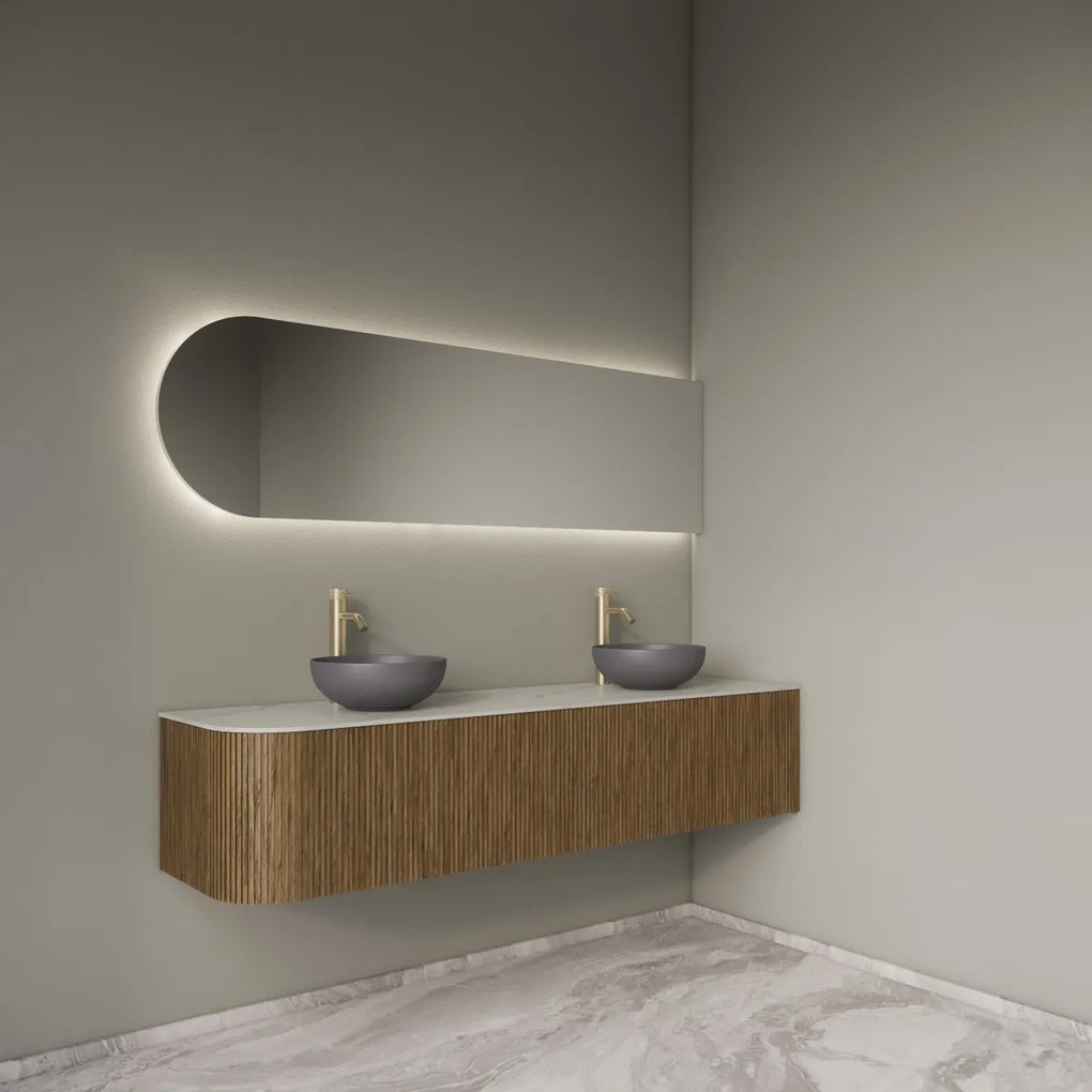 Gliss Design Alluro badmeubel ribbelfront met ronding links 180cm castle brown en wit marmer toppaneel