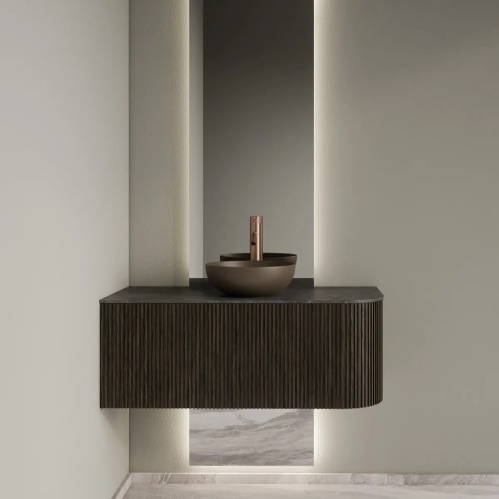 Gliss Design Alluro badmeubel ribbelfront met ronding rechts 100cm charcoal en zwart leisteen toppaneel