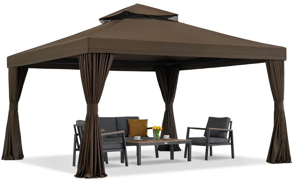 Bruin tuinpaviljoen met gordijnen Valencia 4x4m Tuinpunt