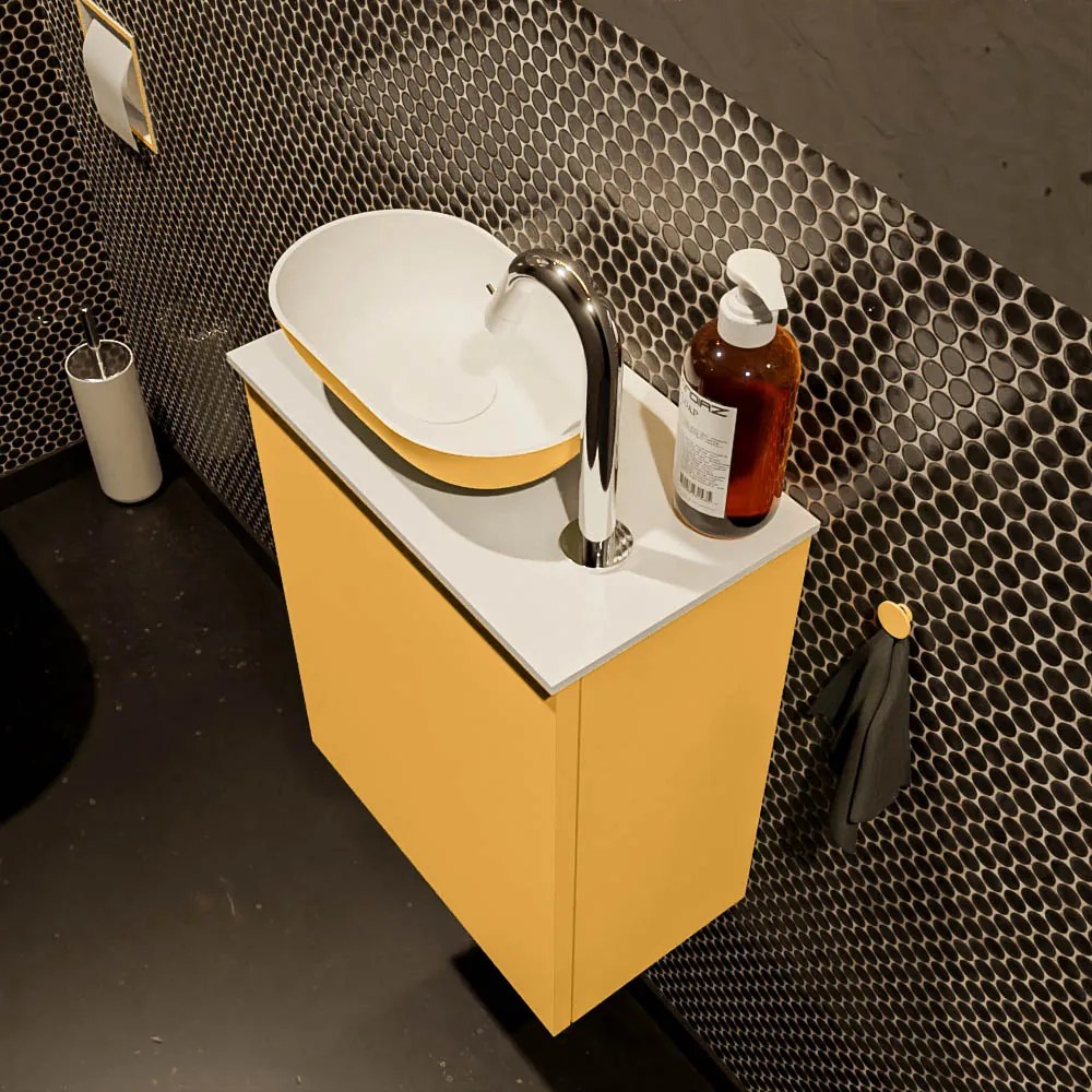 Mondiaz Fowy toiletmeubel 40cm ocher met gele waskom links en kraangat