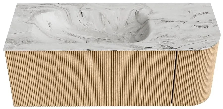 Mondiaz Kurve-dlux 115cm badmeubel ronding rechts oak met 1 lade en deur en wastafel big small kraangat links glace