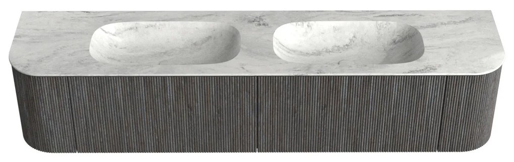 Mondiaz Kurve-dlux 200cm badmeubel ronding links/rechts shadow met 2 lades en deuren en wastafel stor small dubbel zonder kraangat opalo