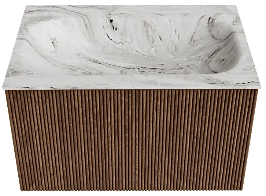 Mondiaz Kurve-dlux 70cm badmeubel walnut met 1 lade en wastafel big small midden zonder kraangat glace