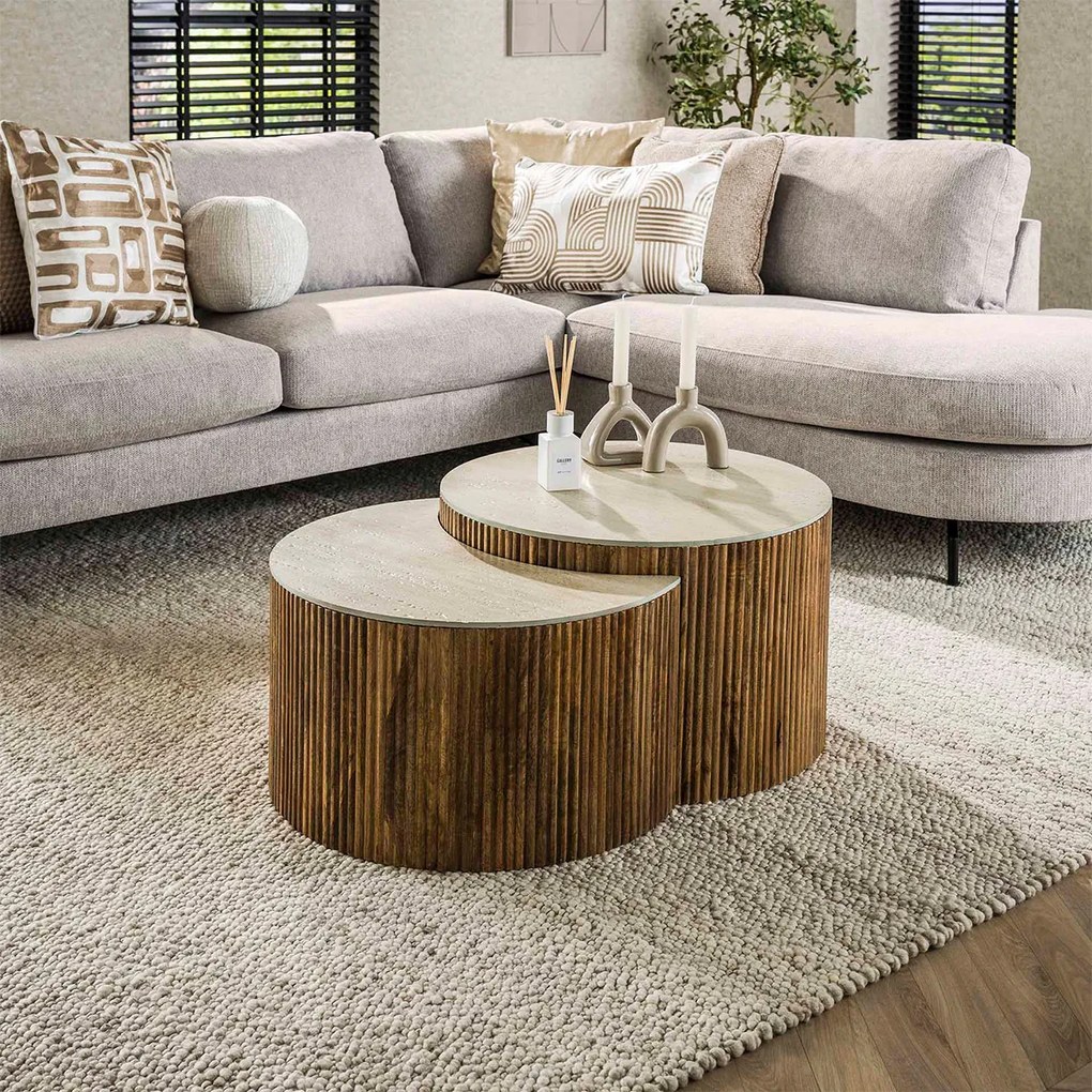 Set Salontafels Ribbelhout En Traverin - 60 X 60cm.