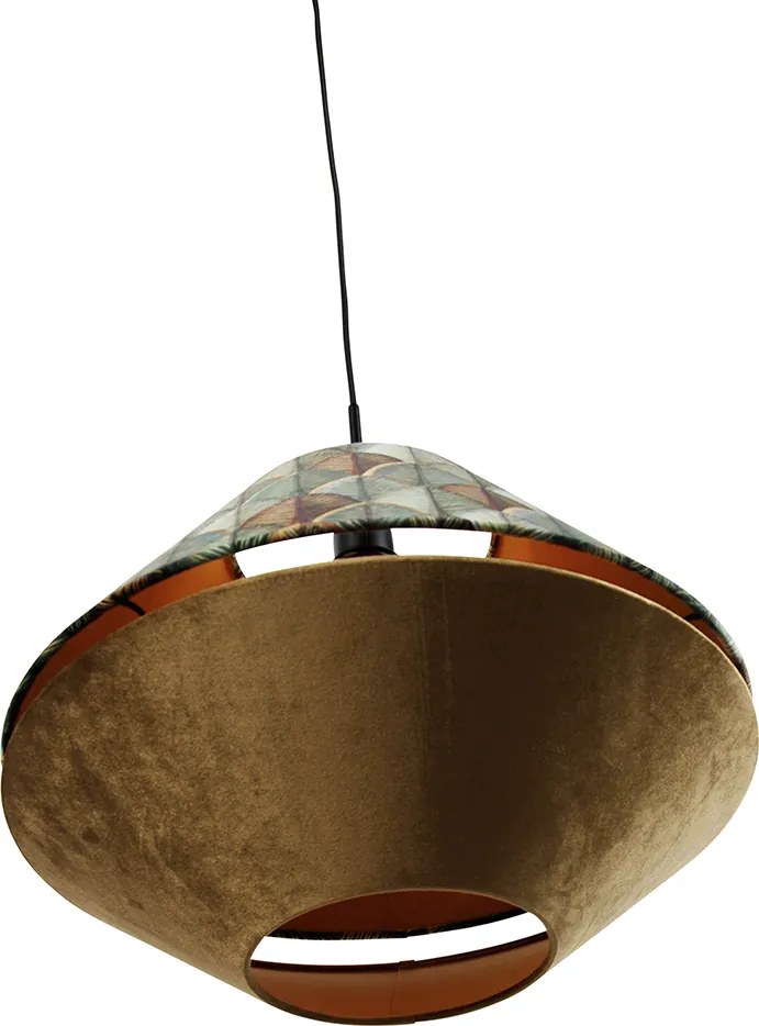 Hanglamp zwart met dubbele velours lampenkap blad dessin en beige - Combi 1
