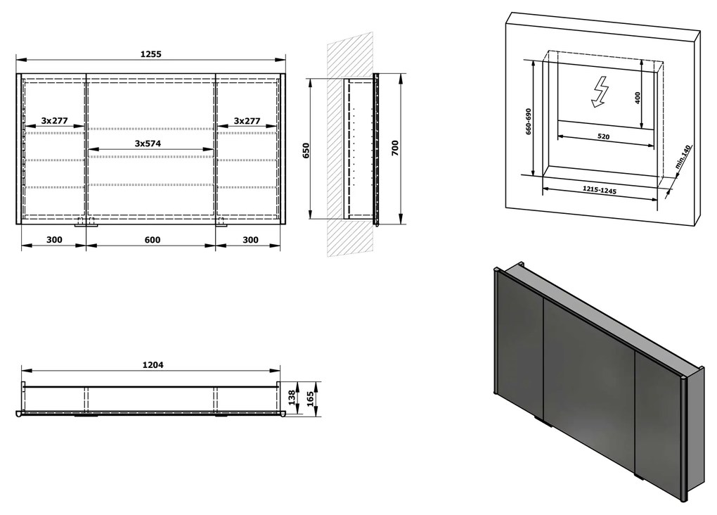 Sapho Integra inbouw spiegelkast met LED verlichting 125x70cm