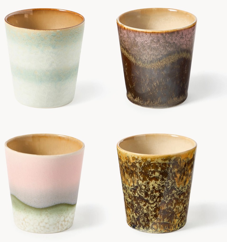 Handbeschilderde mokken 70's met reactief glazuur, 4-delig