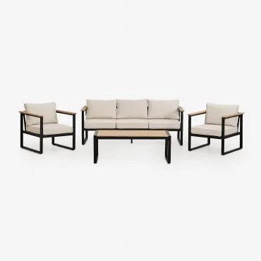 Tuinset Met Een 3-zitsbank, 2 Fauteuils En Een Salontafel In Aluminium En Lipov Acaciahout. Zwart - Sklum