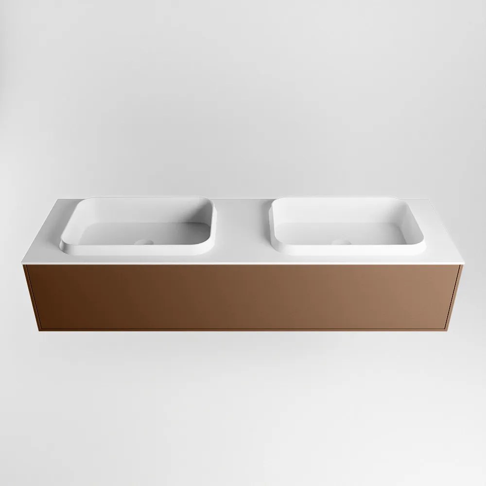 Mondiaz Erin 150cm badmeubel Rust met 1 lade en witte wastafel dubbel 2 kraangaten