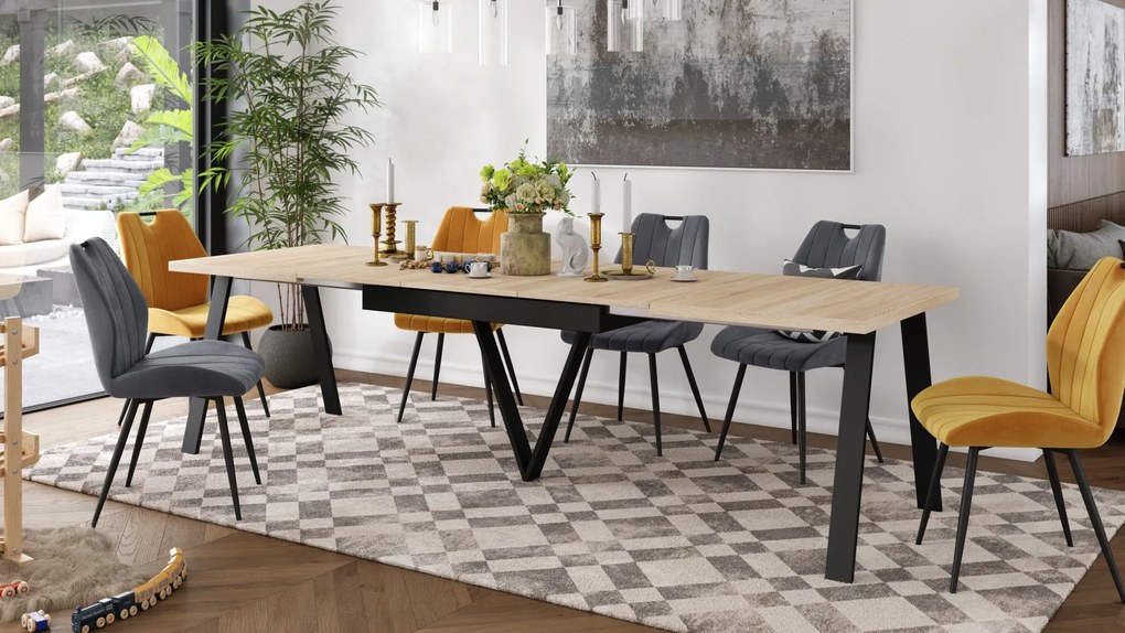 AVERY Sonoma eik/onderkant zwart - LOFT/INDUSTRIËLE TAFEL VOOR WOONKAMER / EETKAMER UITKLAPBAAR TOT 290 cm!